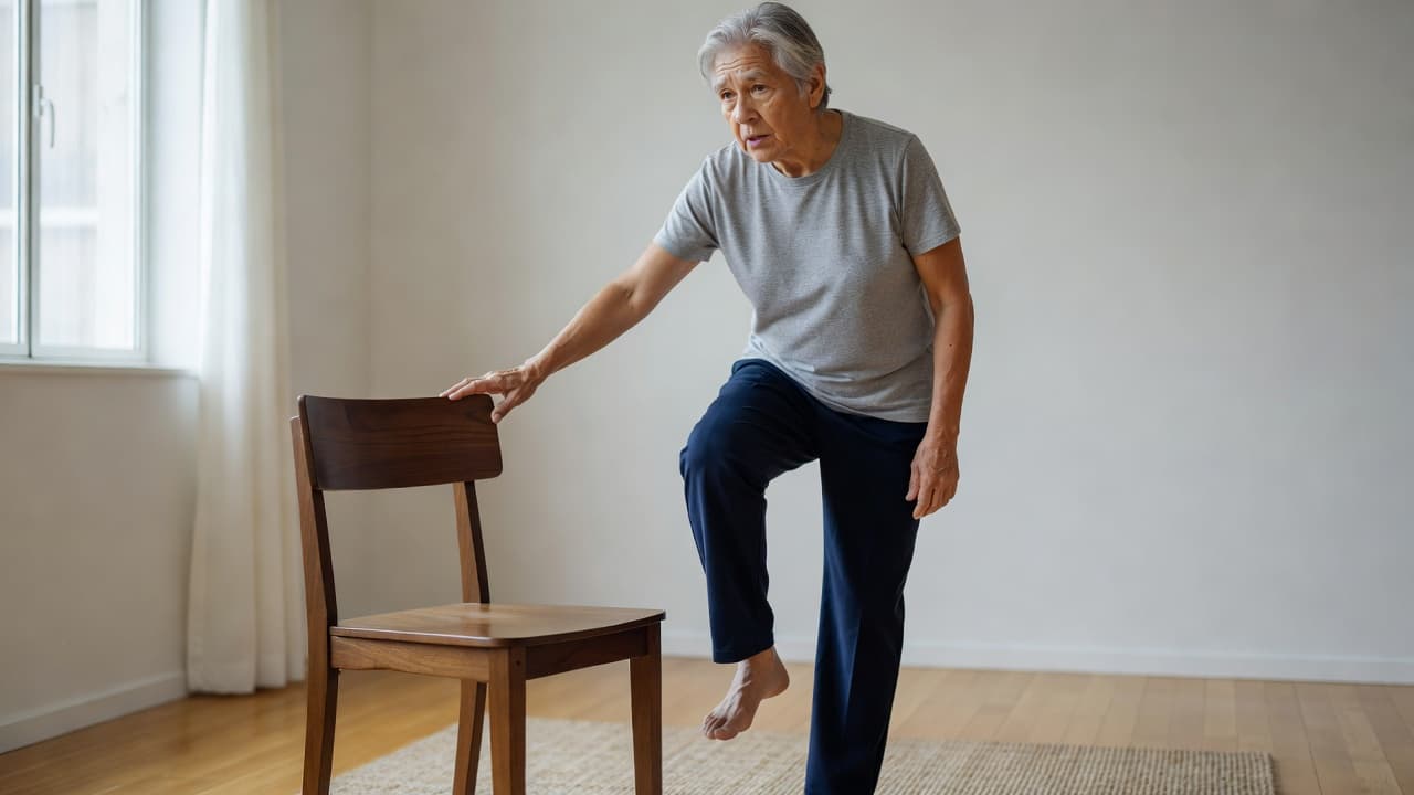 An older adult stands steadily on one leg in a sunlit room, keeping a hand near a sturdy wooden chair for support. The minimalist environment emphasizes focus and physical stability during training.