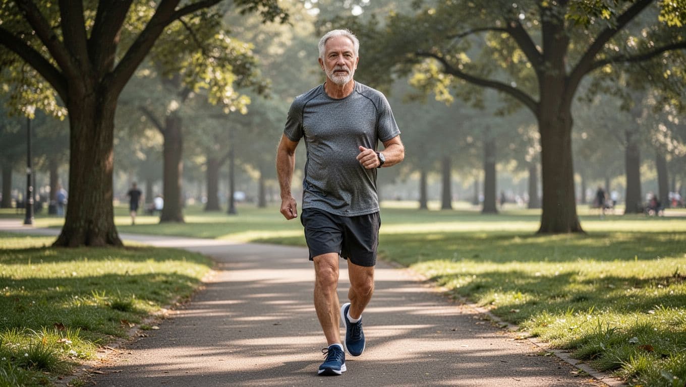 A person in their fifties wearing comfortable activewear walks briskly along a sunlit park path. Lush green trees and grass frame the background as morning light highlights realistic skin texture.