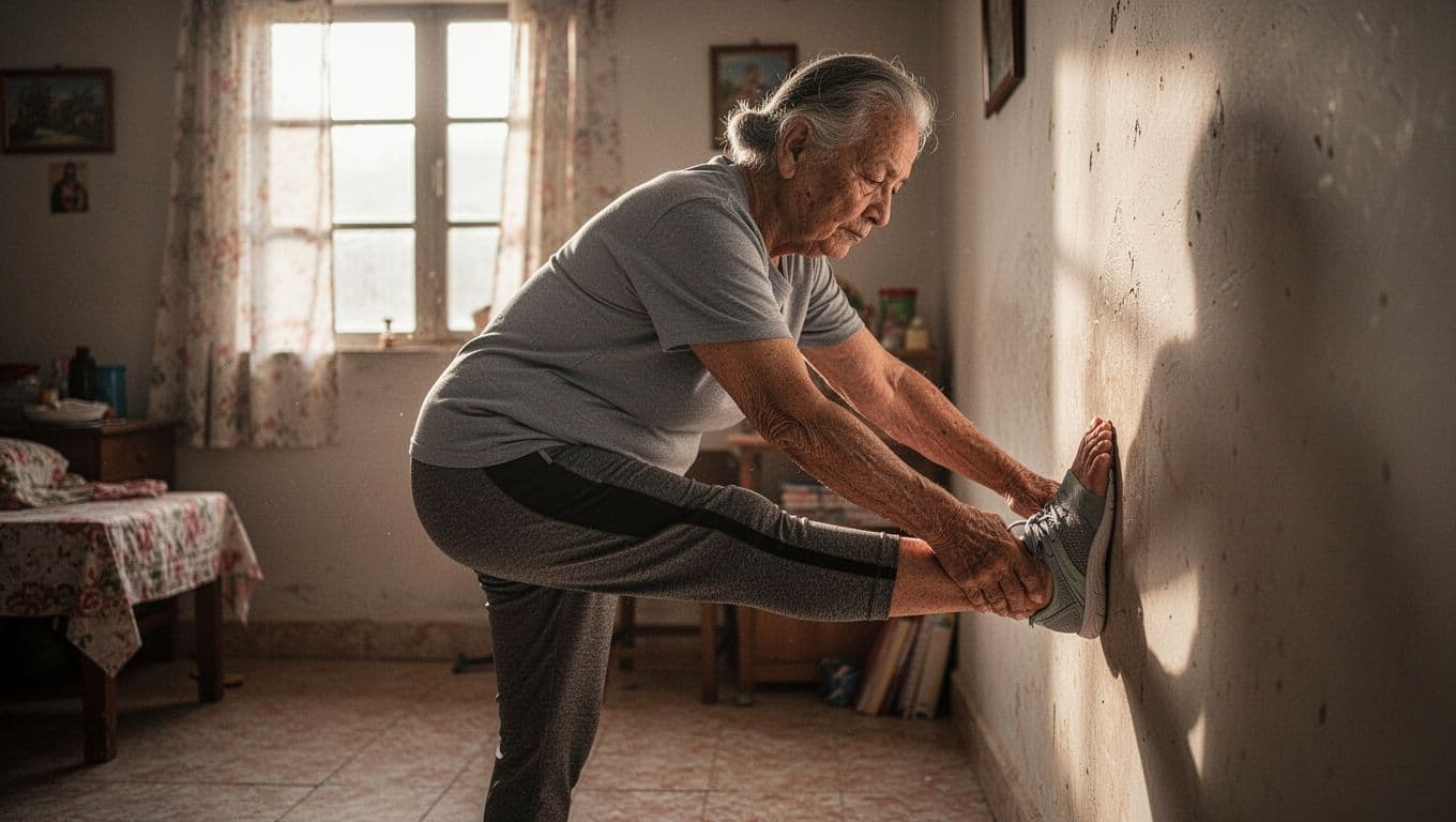 An older adult wearing comfortable athletic clothing performs a gentle calf stretch against a light-colored interior wall. Soft morning light streams into the home, illuminating natural skin textures during the movement.