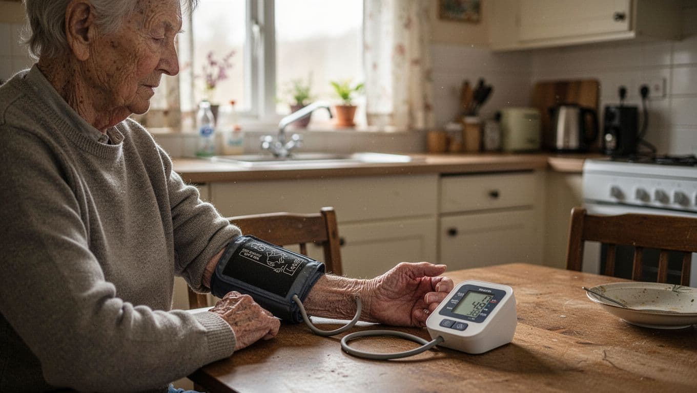 A silver-haired individual sits at a wooden kitchen table, wearing a digital blood pressure cuff on their left arm. They peer closely at the small, illuminated display to check their results.
