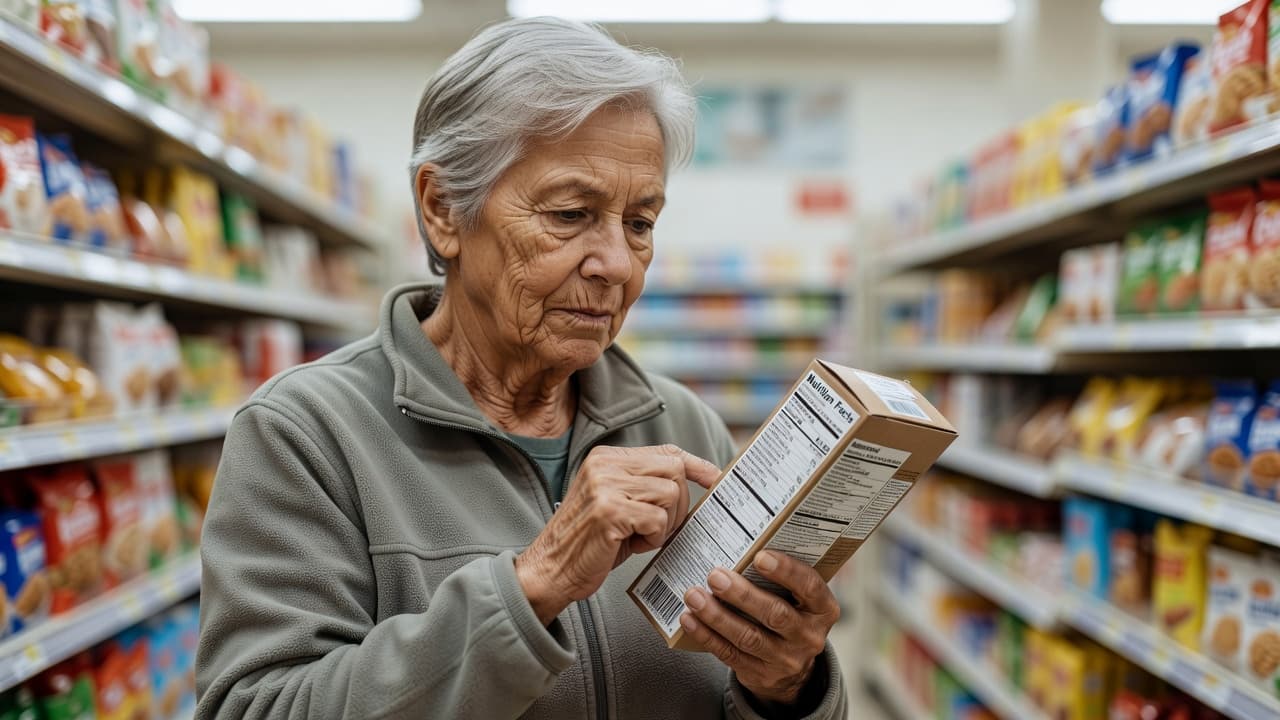 An older adult stands in a supermarket aisle holding a cardboard box. They squint closely at the nutritional label, carefully analyzing the ingredients while grocery shelves remain blurred in the background.