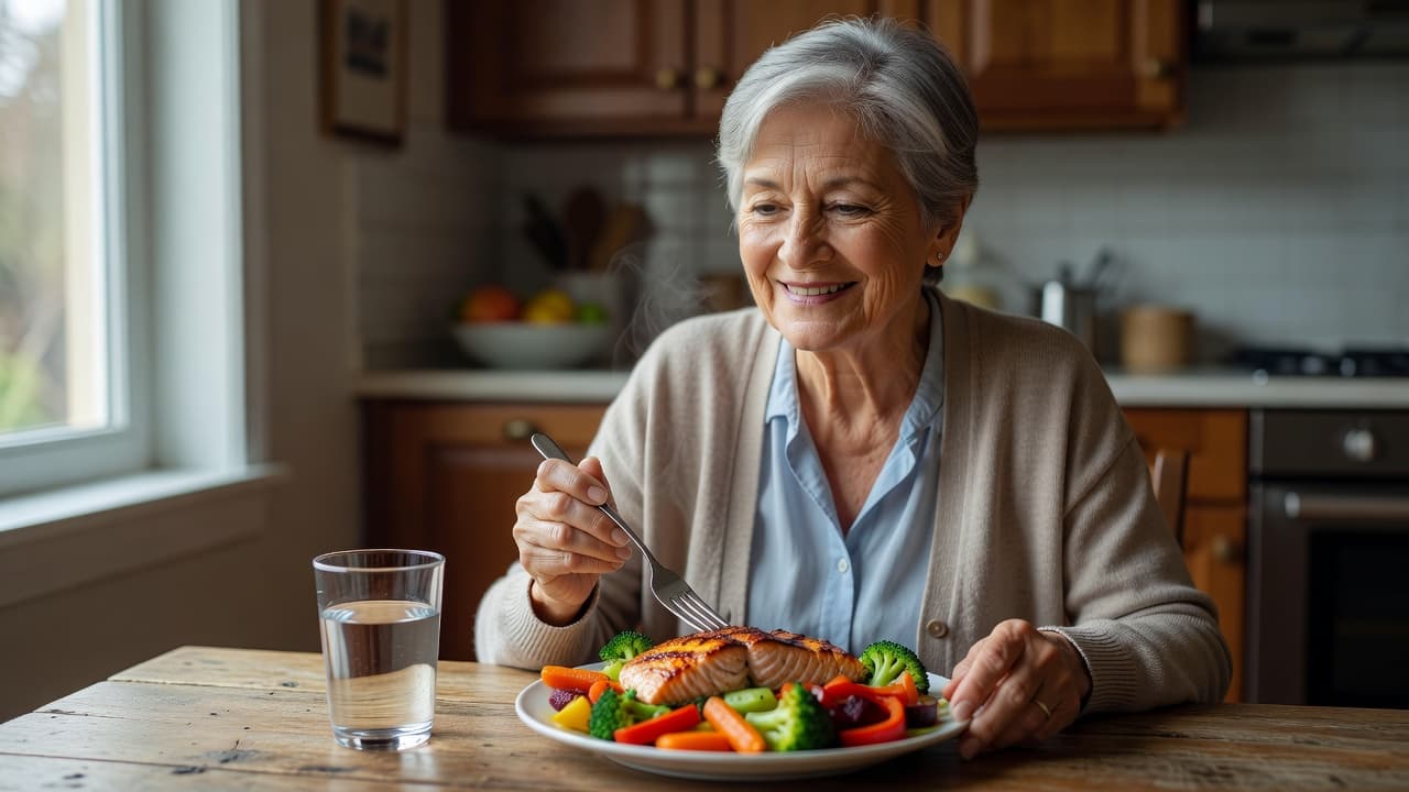 An active senior enjoys a vibrant plate of roasted vegetables and grilled protein at a kitchen table. Soft sunlight illuminates their natural smile as they hold a fork during lunch.