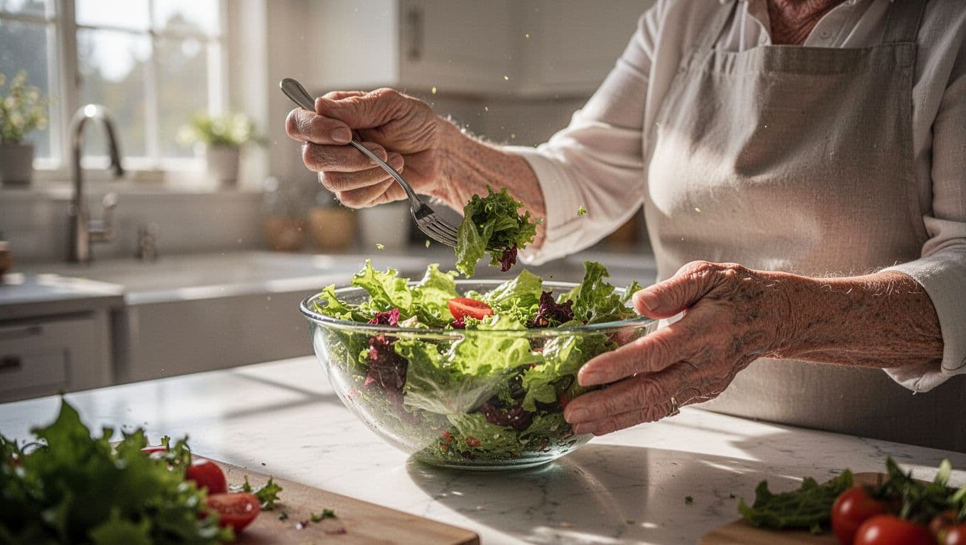 An older adult stands in a sunlit kitchen chopping fresh greens for a bowl. The wooden countertop displays various raw vegetables as natural light streams through the window creating warmth.