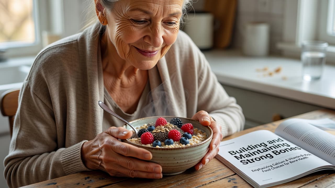 An elderly person holds a ceramic bowl filled with creamy oatmeal topped with fresh raspberries, blueberries, and sunflower seeds. The natural light highlights healthy food textures during a morning meal.