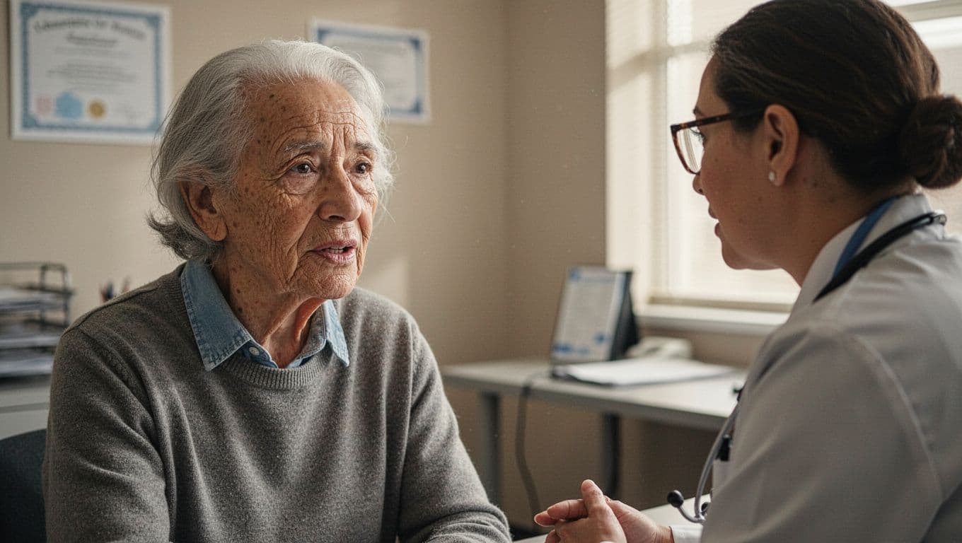 An older adult sits in a neutral clinical exam room while discussing health concerns with a primary care doctor. The professional listens attentively, capturing an authentic moment of medical diagnostic care.