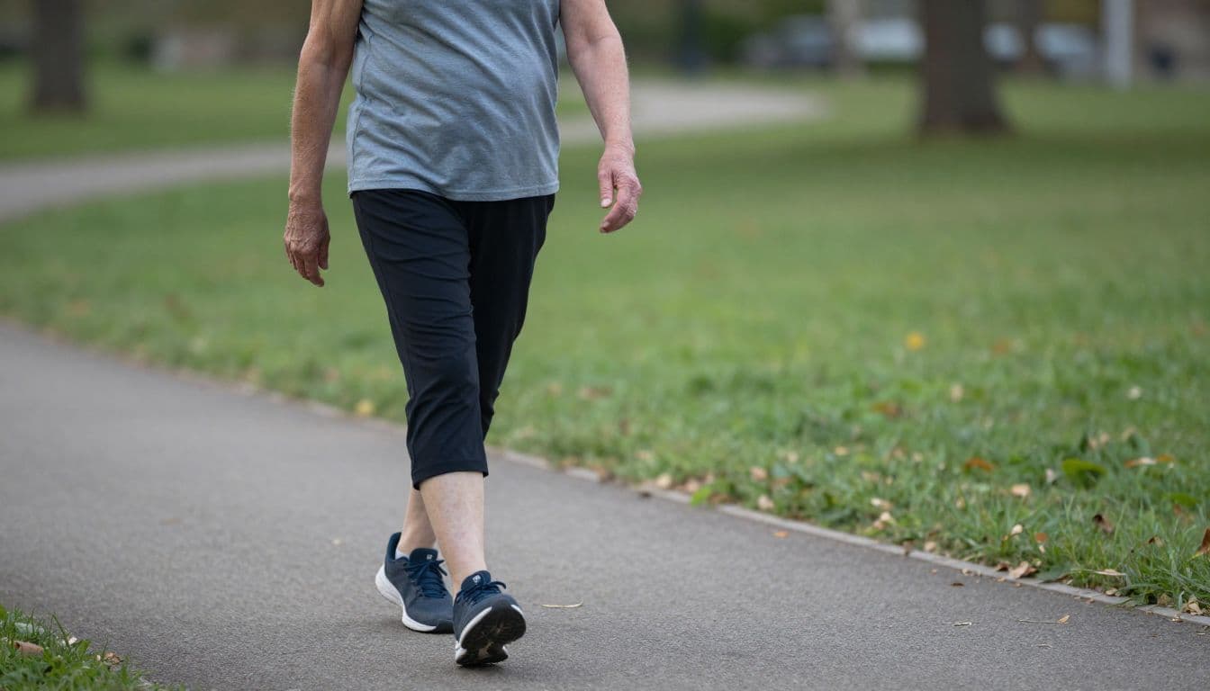 An elderly person wearing athletic gear walks along a paved pathway during the early morning. Soft sunlight illuminates the peaceful outdoor setting while highlighting the textured details of the park environment.