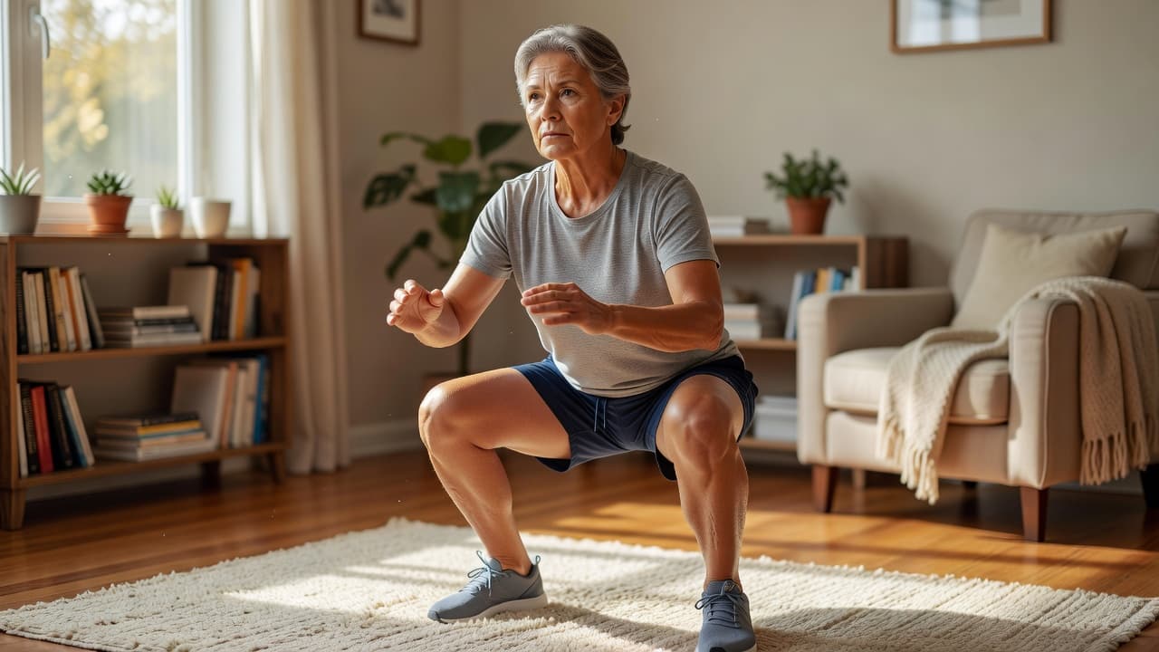 A person in their fifties performs a balanced bodyweight squat inside a cozy, sun-drenched living room. They stand on a soft rug while natural light streams through a nearby window.
