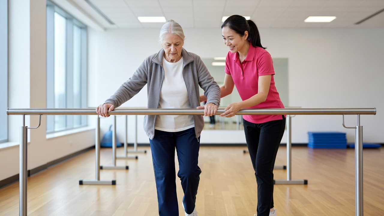 A focused physical therapist in a pink polo shirt assists an elderly woman practicing stability movements near a metal safety rail inside a sunlit, contemporary medical rehabilitation clinic environment.