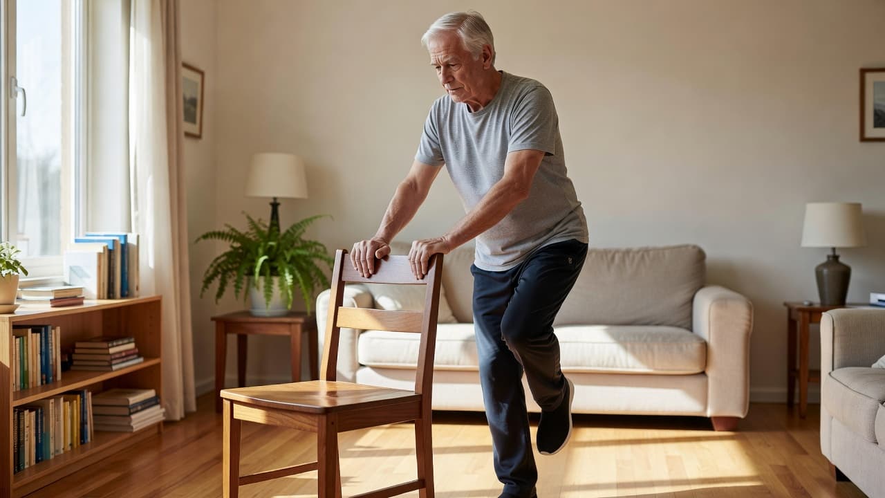 An older adult stands on one leg in a sunlit living room while steadying themselves with a hand on a wooden chair. Sunlight highlights the natural textures of the home environment.