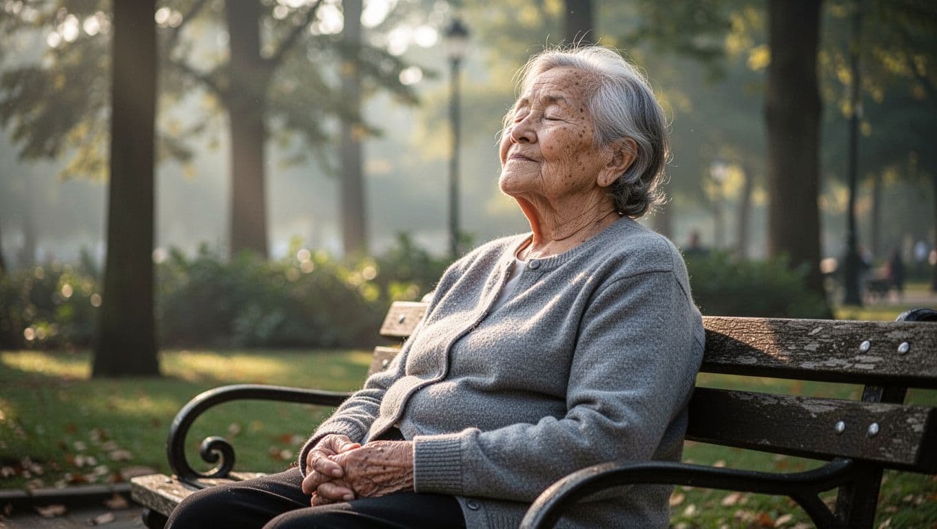 An elderly person sits peacefully on a weathered wooden park bench with eyes closed and hands resting still. Golden morning sunlight highlights their face amidst a soft, blurred forest background.