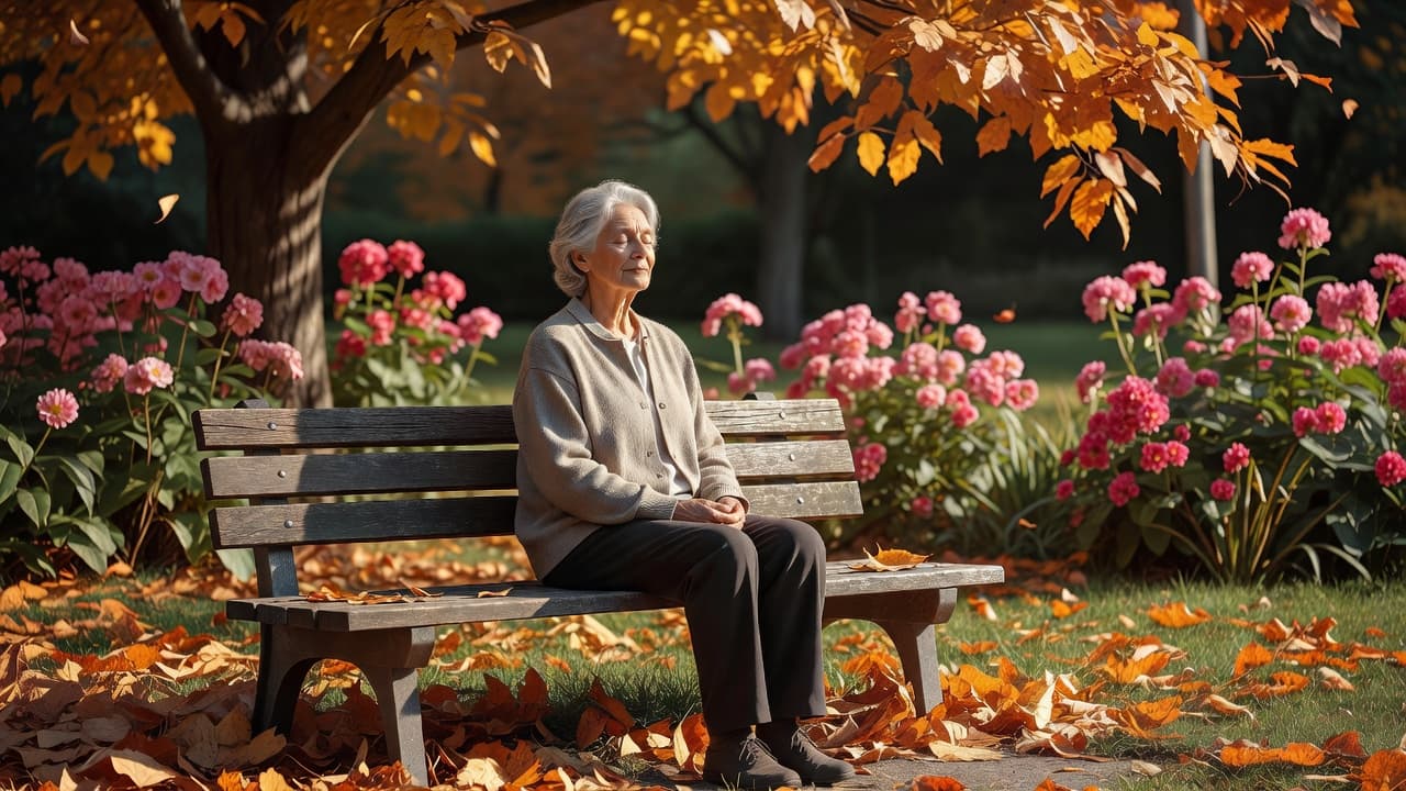 An elderly person sits peacefully on a wooden park bench with eyes closed in meditation. Soft autumn sunlight illuminates the scene, highlighting pink flowers in the blurred garden background landscape.