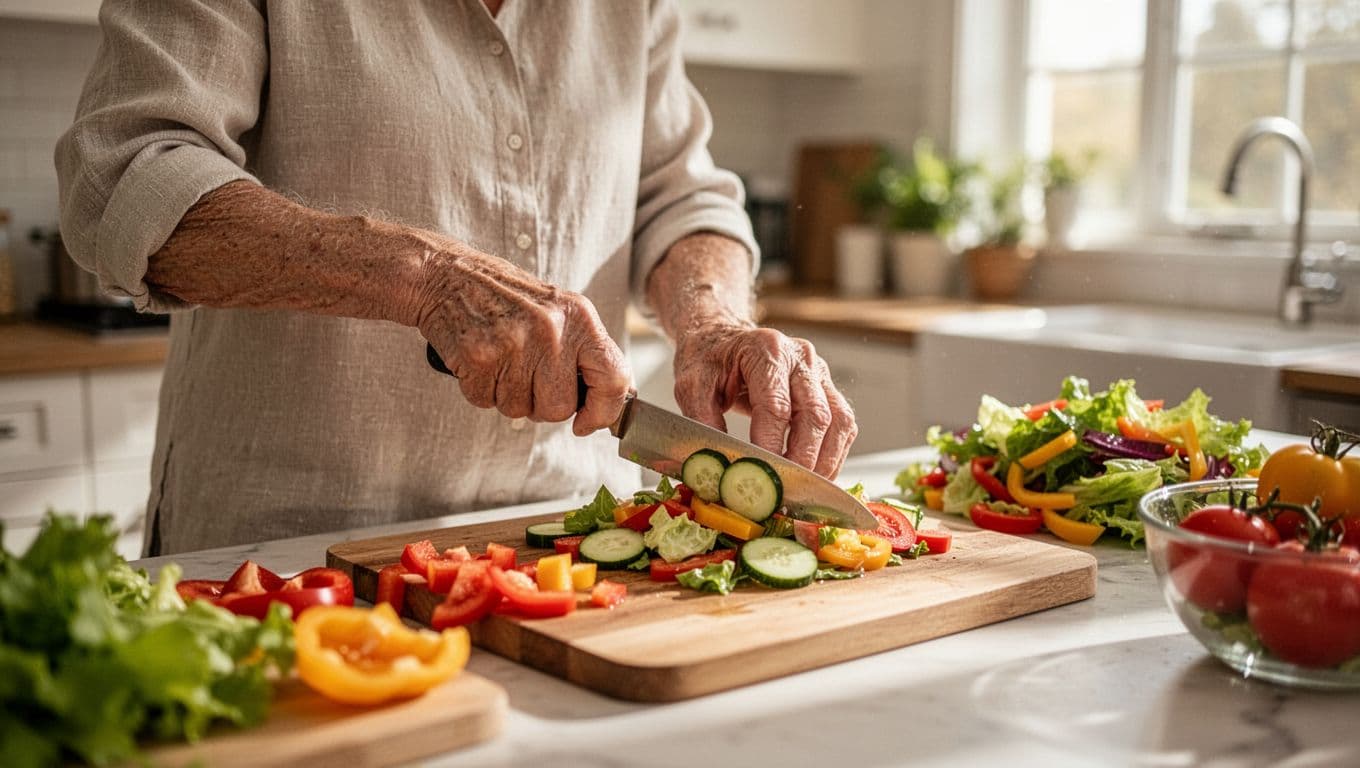 An older adult stands in a sunlit kitchen, carefully slicing fresh, colorful vegetables on a wooden cutting board. The warm natural light emphasizes the texture of ingredients for a healthy brain-boosting meal.