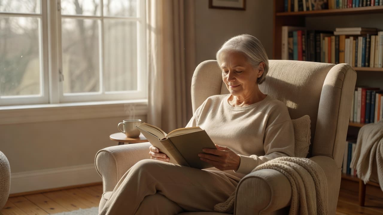 An elderly person sits in a plush armchair positioned beside a floor-to-ceiling window. They are holding an open book, illuminated by gentle morning rays that highlight their calm, focused facial expression.