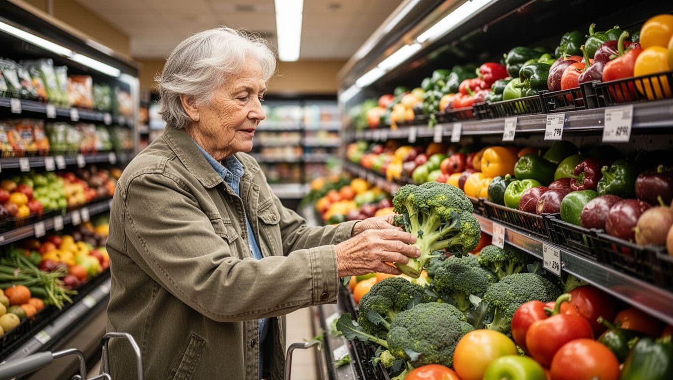 An older adult wearing a casual jacket examines a head of fresh broccoli within a brightly lit grocery produce section. Vibrant vegetables fill the surrounding shelves, highlighting a focus on nutrition.