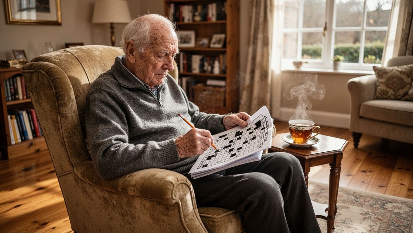 An older gentleman sits in an upholstered armchair focused on a newspaper crossword puzzle. A steaming mug of tea rests on the side table beside him in a brightly lit room.