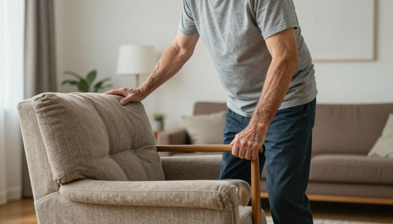 An older adult wearing casual clothing uses their arms for support while rising from a beige armchair. Soft sunlight streams into the living room, highlighting the individual's effort and posture.
