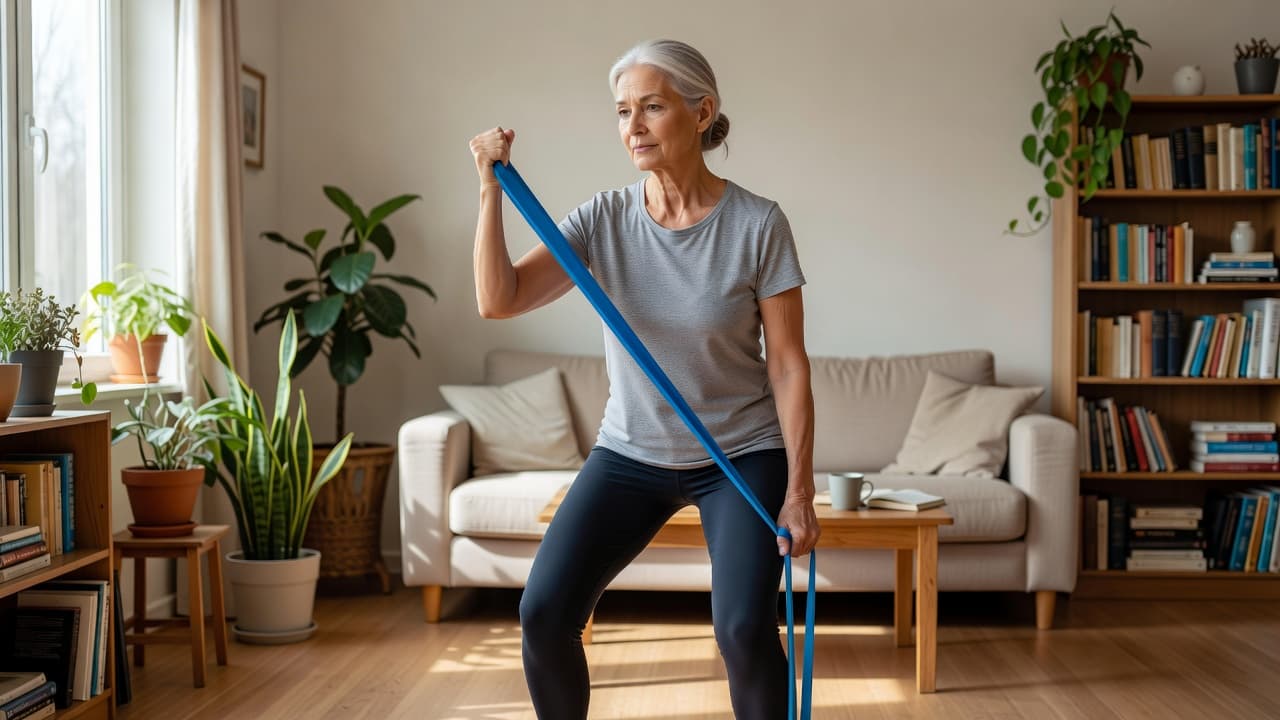 An elderly woman stands in her living room, concentrating while pulling a blue resistance band to complete a bicep curl. Bright morning sunlight illuminates the simple, comfortable domestic space around her.