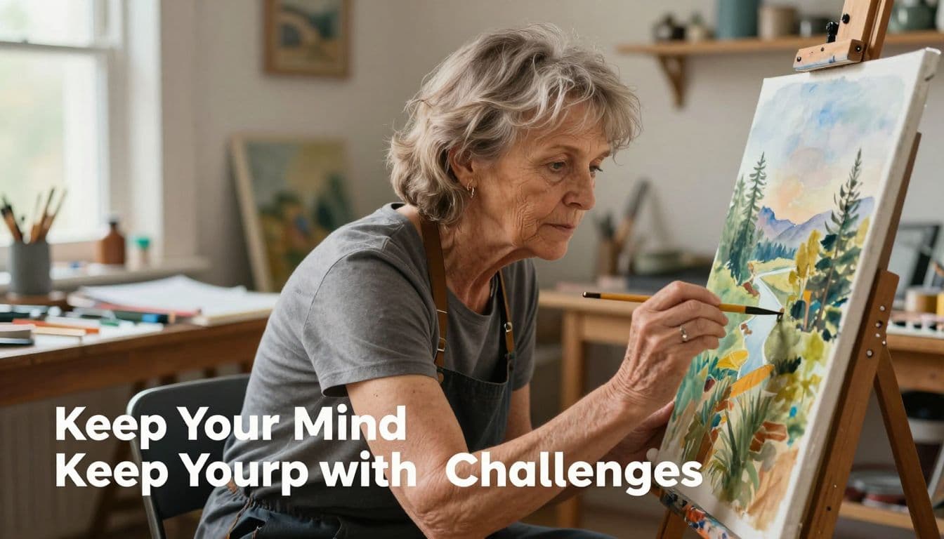 An elderly woman with visible skin texture sits in a bright room, carefully painting a watercolor landscape. Various brushes and paint pots sit on the messy studio table beside her canvas.