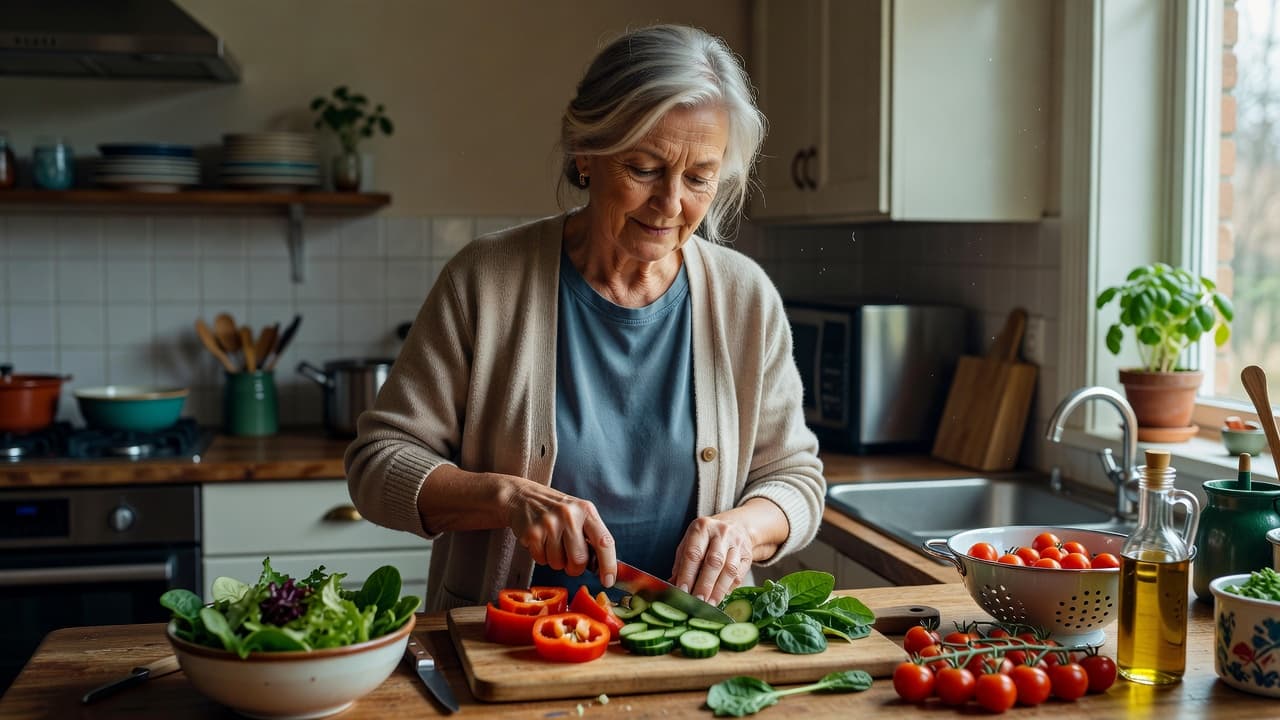 An elderly woman stands at a wooden kitchen counter, focusing intently on chopping vibrant bell peppers and leafy greens. Soft natural sunlight illuminates the kitchen workspace, highlighting her authentic, detailed features.