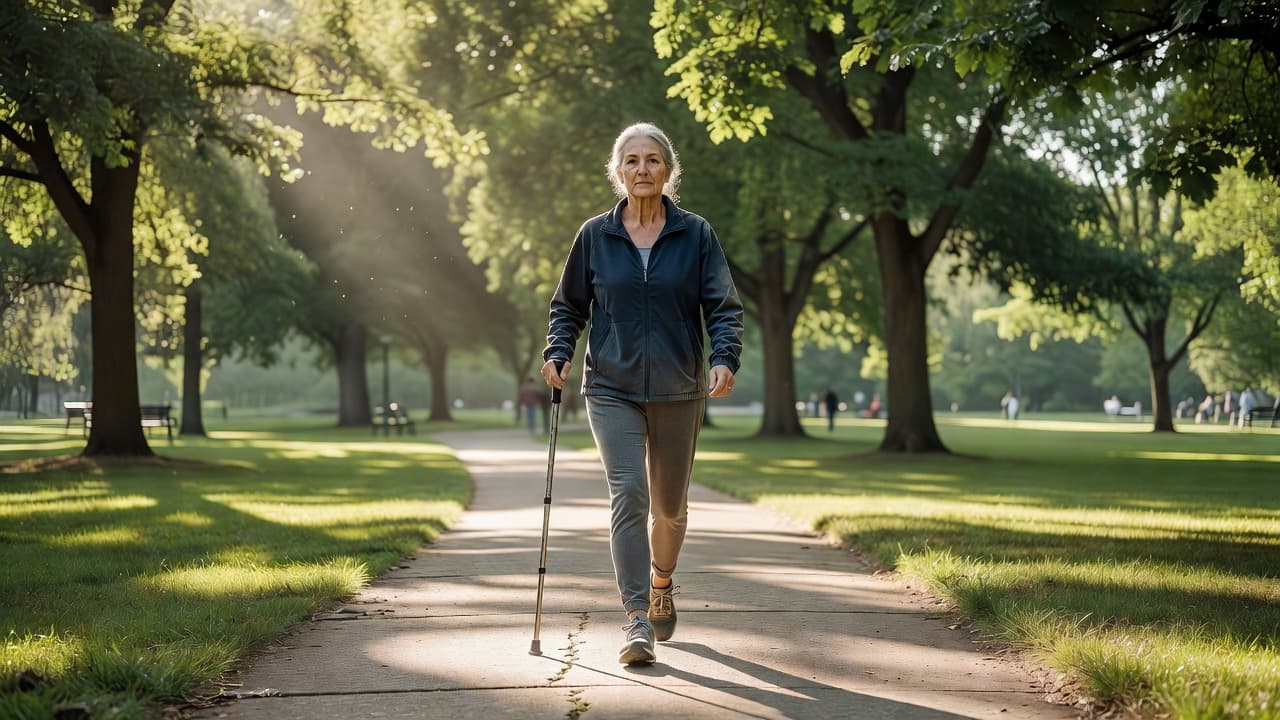 An older woman in athletic wear strides along a paved park path while holding a walking stick. Soft golden morning light filters through the overhead canopy, highlighting natural skin textures.