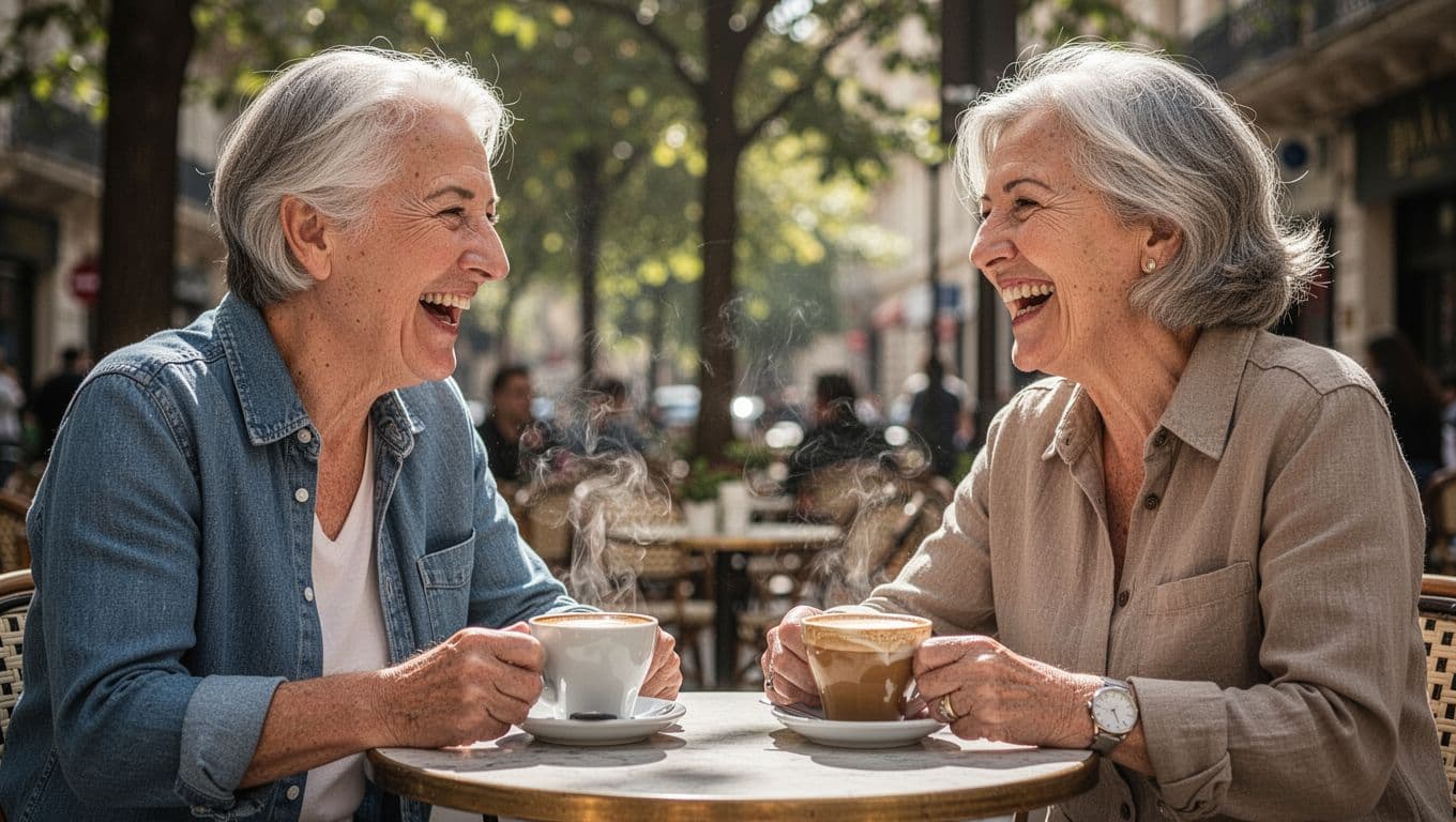 Two individuals in their sixties sit at a small metal table outdoors, laughing together during a lively conversation. Each person holds a white ceramic coffee cup while sunlight illuminates their faces.