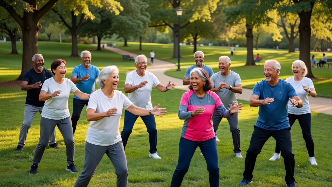 A diverse group of seniors exercises together on a grassy lawn under bright daylight. One individual wears a vibrant pink shirt while the group shares joyful laughs during their outdoor routine.