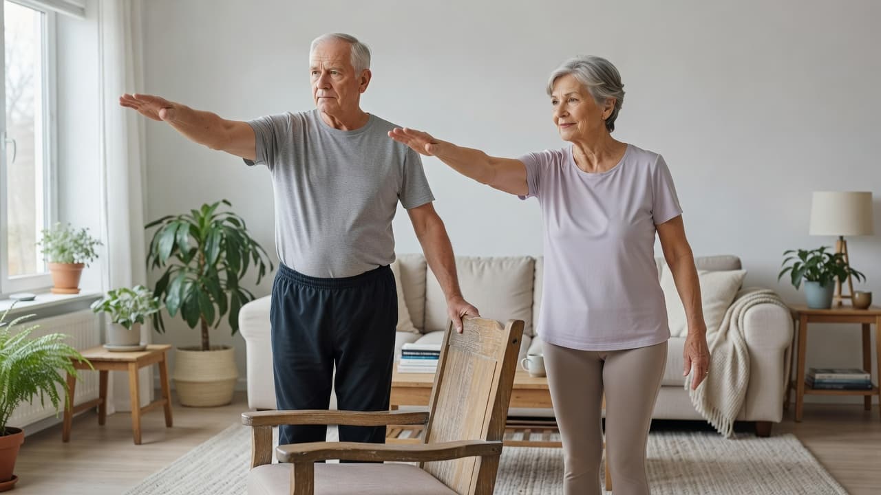 An older couple holds steady poses in a sunlit living room to improve their coordination. They stand near comfortable home furniture while maintaining focus and form during their daily movement routine.