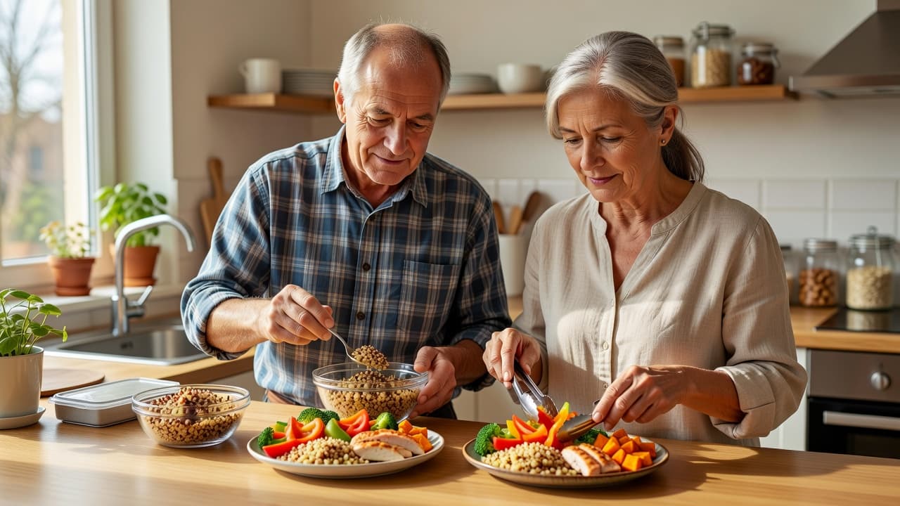 An older couple stands in a sunlit kitchen chopping vibrant vegetables and plating whole grains for a nutritious midday meal. They share a smile while working together at the wooden counter.