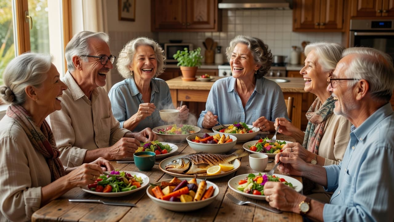 A diverse group of elderly friends gathers around a rustic wooden kitchen table to share a meal of grilled fish and roasted vegetables. Warm afternoon sunlight illuminates their joyful expressions.