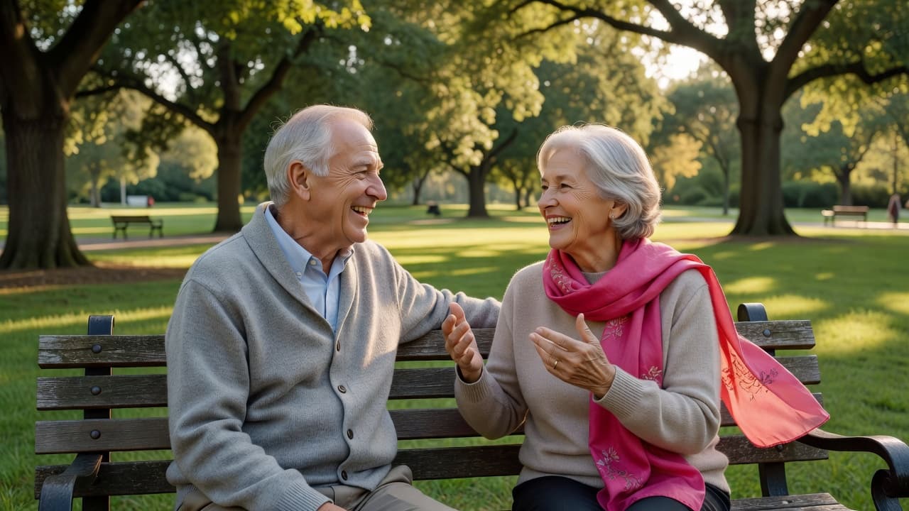 Two older adults sit together on a weathered wooden park bench, laughing during a conversation. Soft afternoon sunlight illuminates the scene, highlighting a vibrant pink scarf draped around one person's neck.