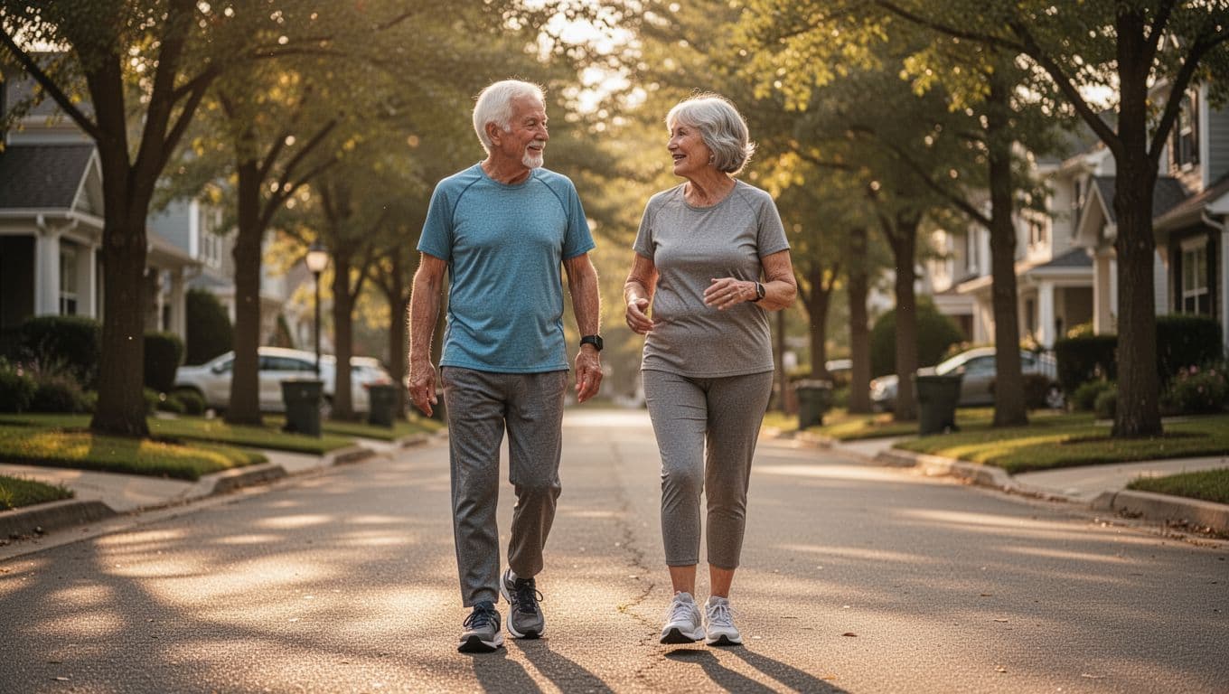 An older couple dressed in comfortable activewear walks briskly along a quiet, tree-lined suburban street during sunset. Soft golden light illuminates their engaged conversation as they maintain a steady, healthy pace.