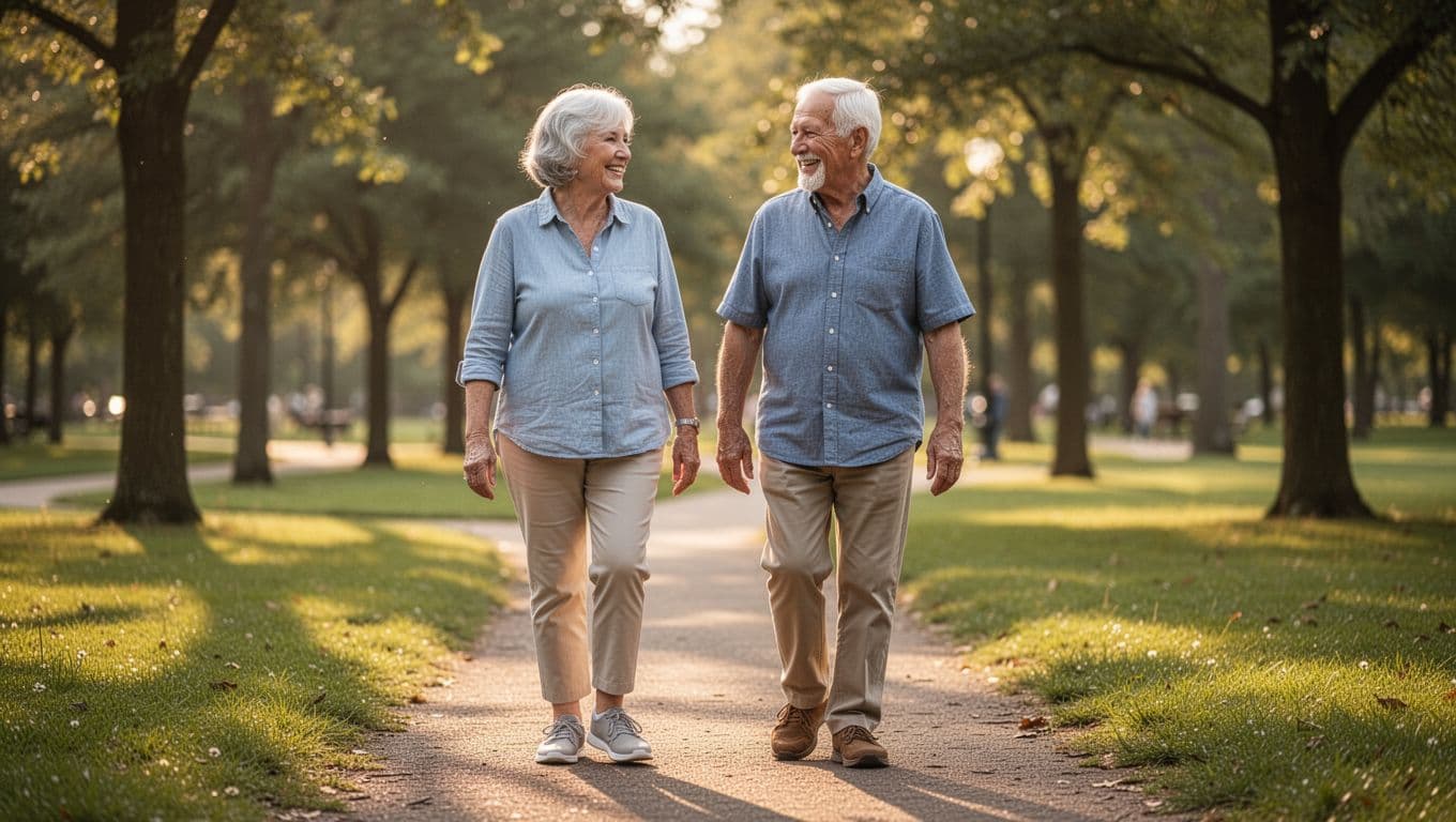 A diverse group of retirees walks along a sun-drenched park path, engaging in lively conversation. They wear comfortable casual clothing, showcasing authentic expressions and natural aging skin textures in golden light.