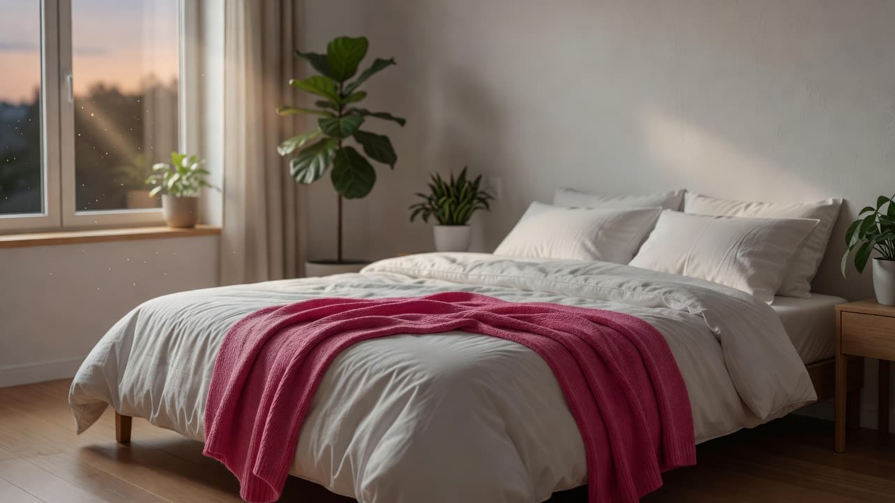 Soft dusk light illuminates a cozy bed dressed in neutral linens and a vibrant pink throw blanket. Potted plants flank the window, creating a tranquil environment perfect for restorative nightly sleep.