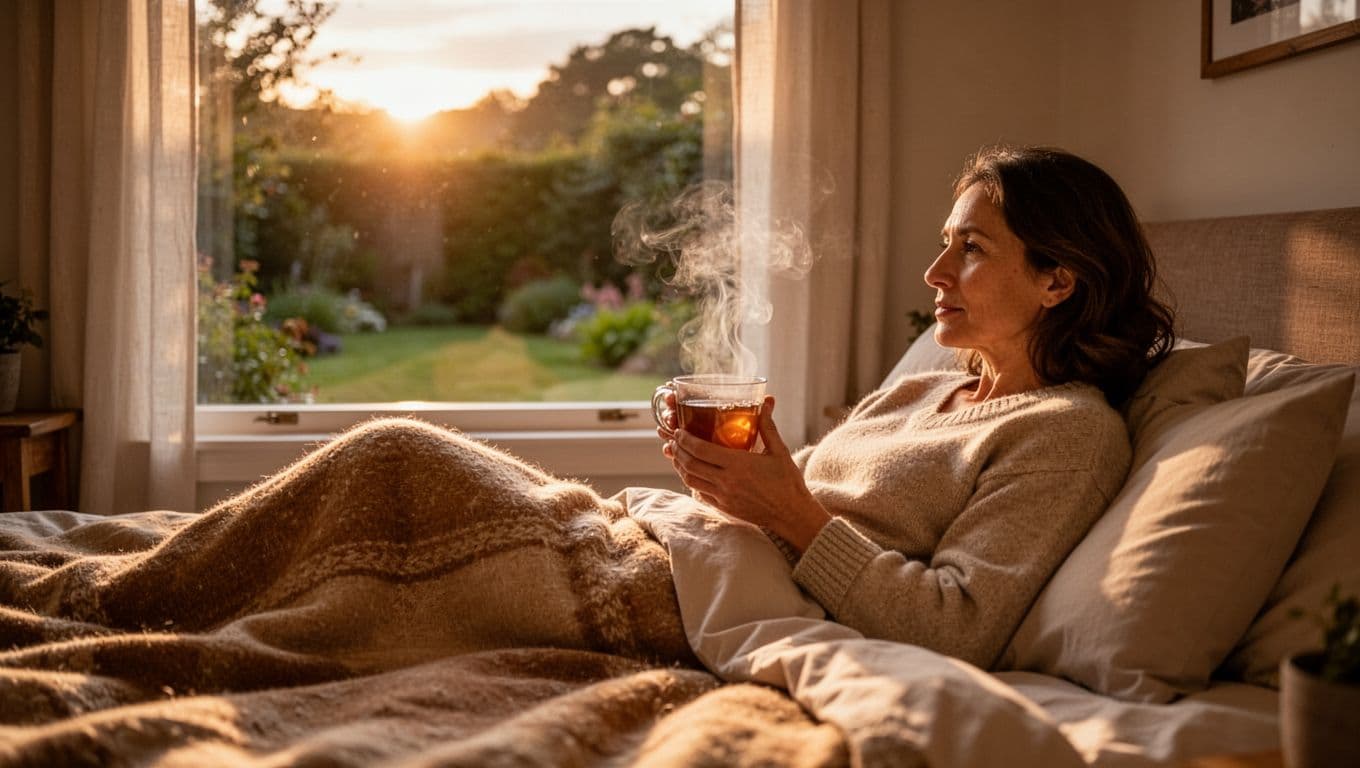 A relaxed individual sits by a bedroom window while cradling a steaming cup of tea. Outside the pane, a soft-focused garden view provides a tranquil backdrop for this quiet morning moment.