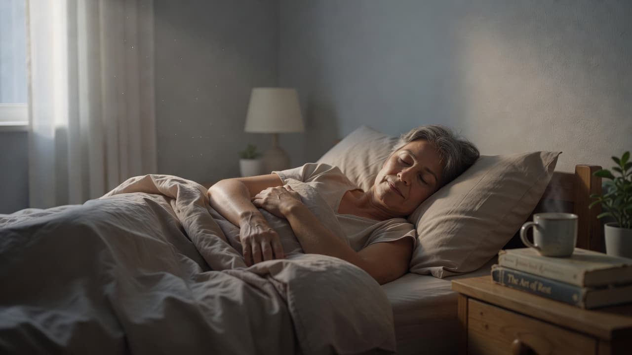 A middle-aged individual lies peacefully under soft blankets within a dim, quiet bedroom. Morning light filters through the curtains, casting gentle shadows across their calm face and the textured bedding.