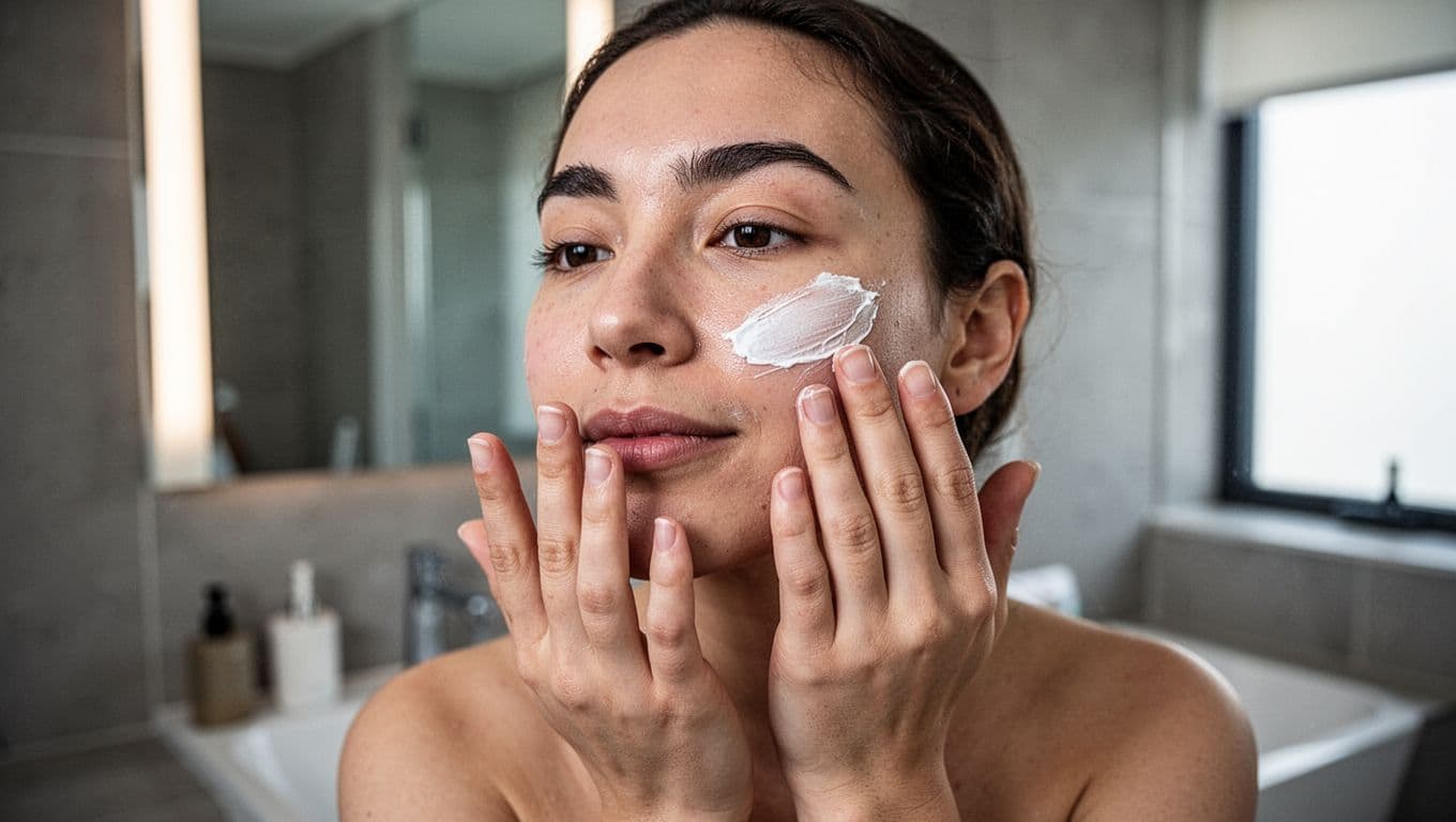 A person gently applies white moisturizer to their cheeks inside a bright, modern bathroom. The soft lighting emphasizes the natural texture of their skin during this daily restorative skincare routine.