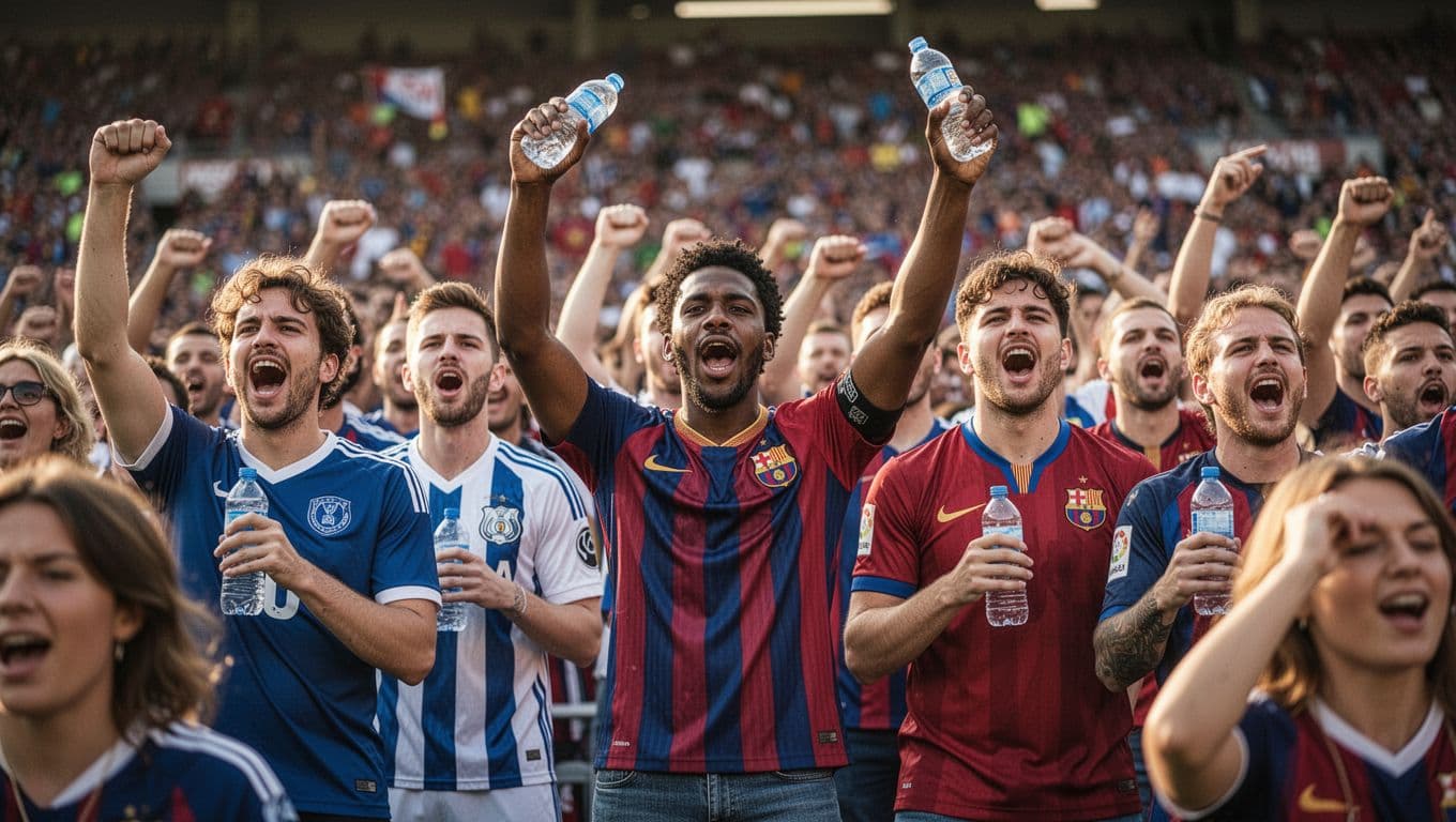 A diverse crowd of soccer enthusiasts stands in a bright outdoor stadium during a match. Fans in vibrant team jerseys cheer while holding water bottles under the warm afternoon sun.