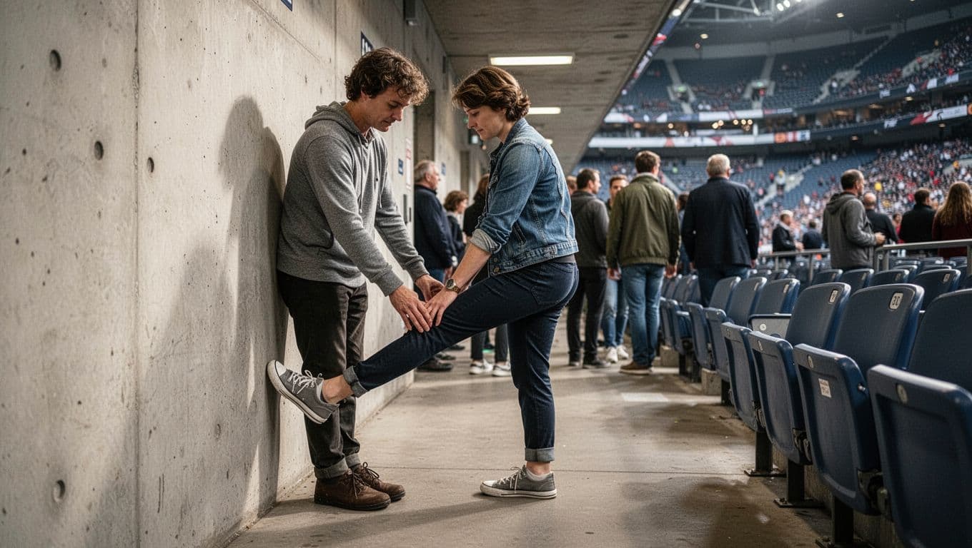 A person wearing casual athletic clothing leans against a beige concrete wall within a bustling stadium hallway. They perform a gentle calf stretch while spectators move through the background area.