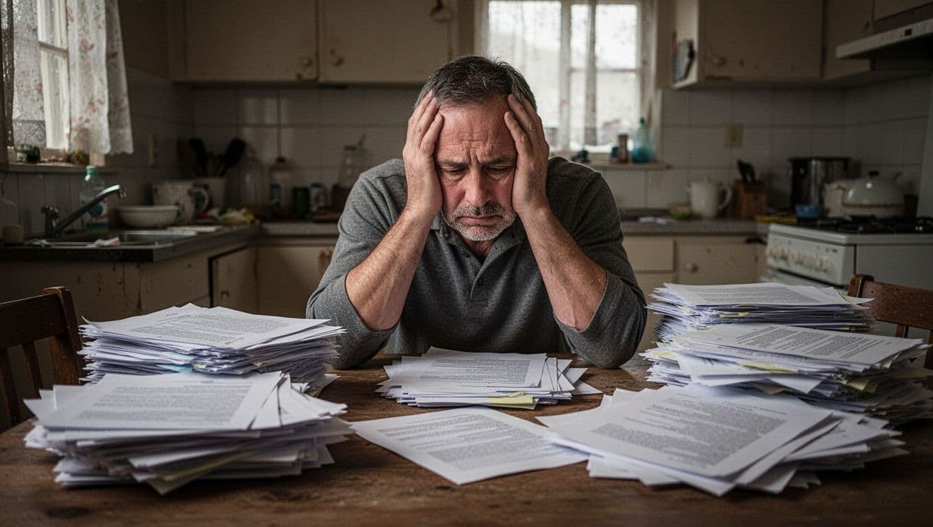 A person sits at a wooden table with their head in their hands while surrounded by scattered bills and paperwork. The dim lighting highlights the weary expression of someone facing stress.
