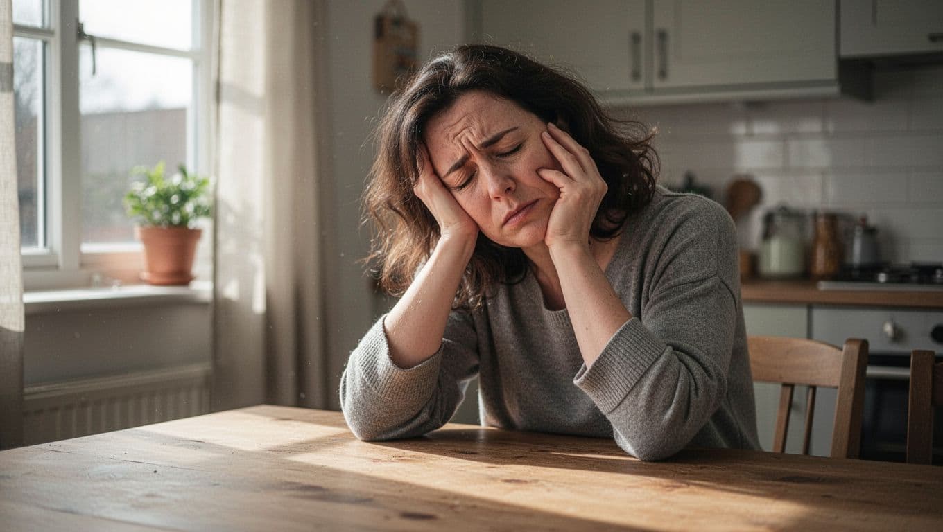 A woman sits at a wooden kitchen table with her eyes closed and head resting in her hand. The scene is illuminated by soft indoor light, highlighting her look of exhaustion.