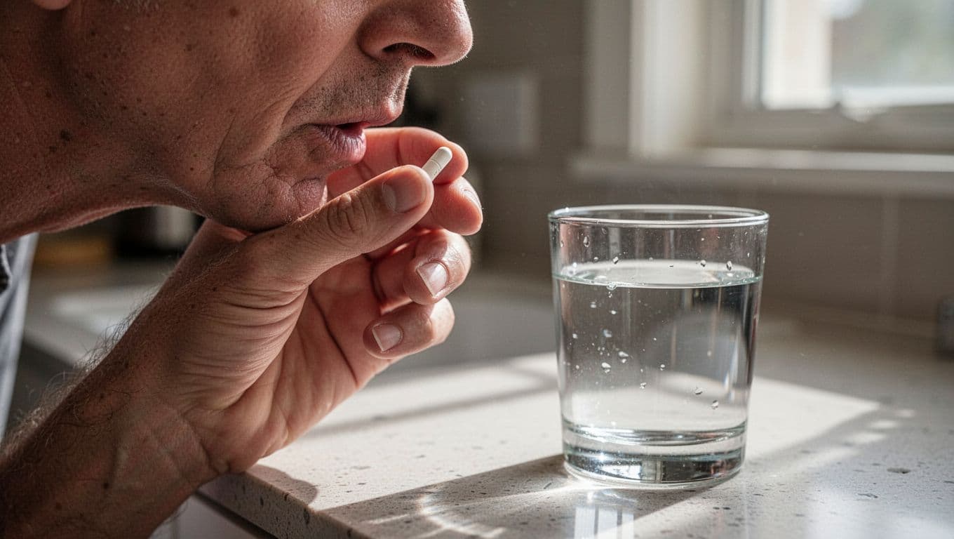 A close-up captures a person holding a small white pill while about to drink from a glass of clear water. The soft, natural indoor lighting highlights the realistic skin texture.