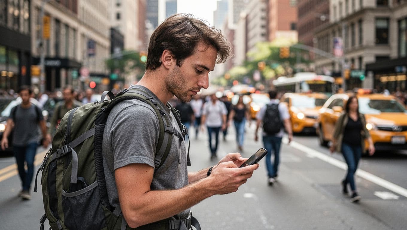 A traveler with a large backpack walks through a bustling city thoroughfare while intently checking a digital map on a smartphone. Pedestrians blur in the background under soft daylight conditions.