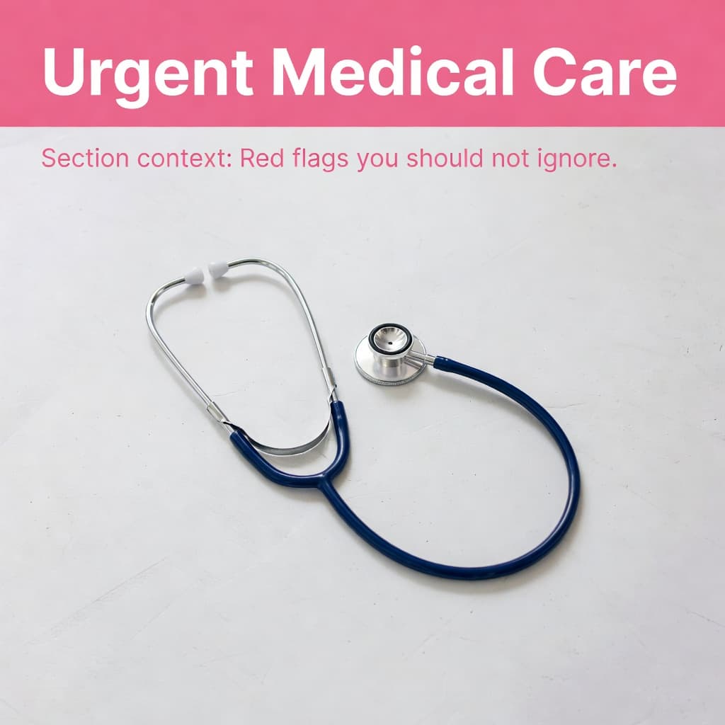 A professional stethoscope rests centrally on a neutral, textured surface. Above, a prominent pink header bar prominently displays the white text Urgent Medical Care, creating a clean and clinical editorial aesthetic.