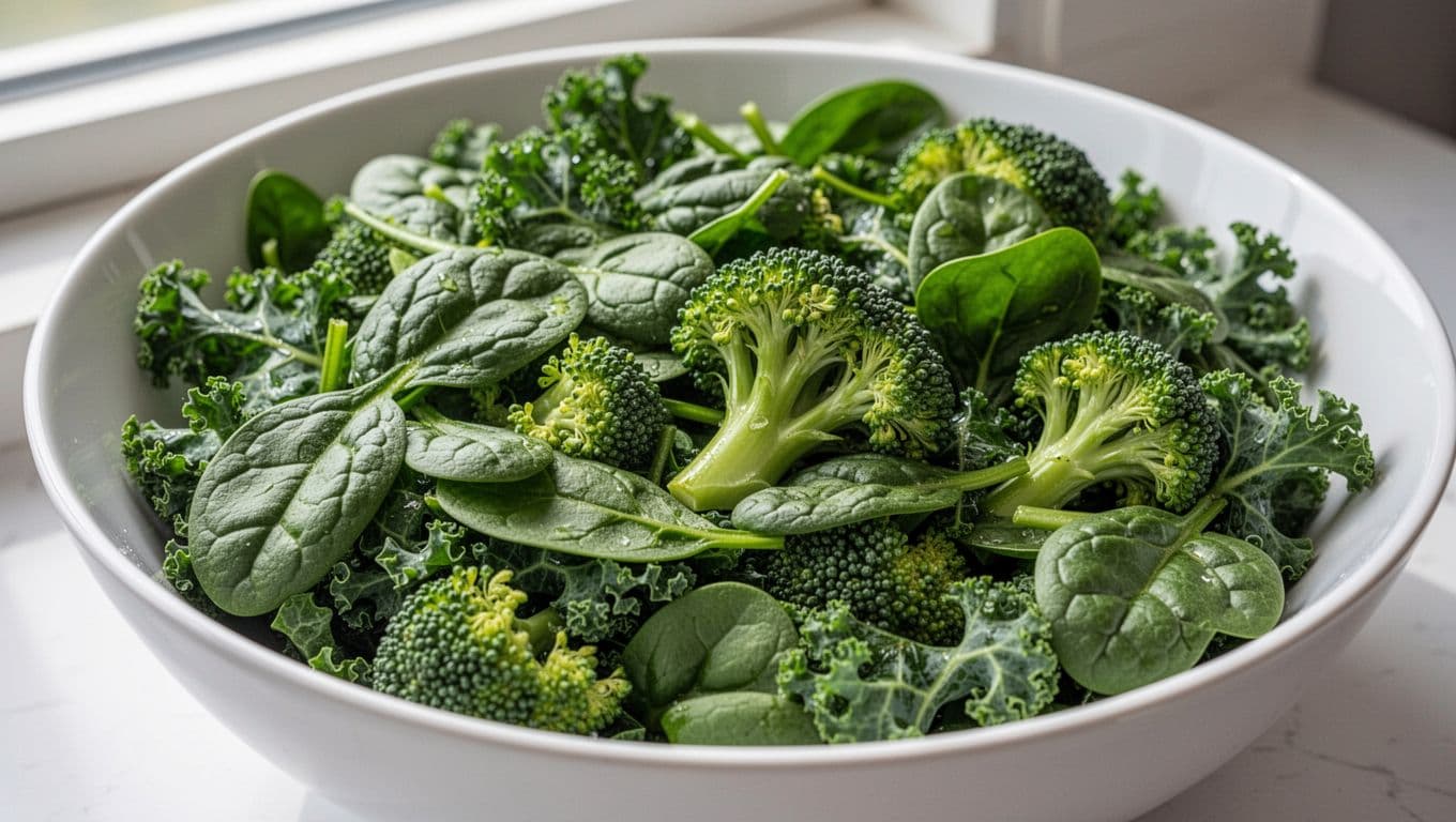 A white ceramic bowl is filled with a nutritious mix of chopped kale, crisp spinach leaves, and tender broccoli florets. Gentle sunlight highlights the textures of the fresh raw ingredients.