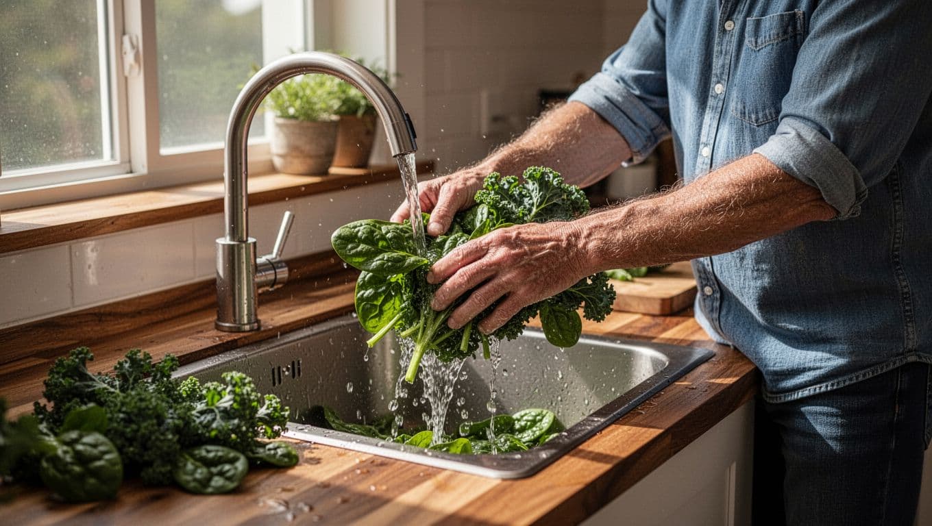 A middle-aged individual gently rinses handfuls of kale and spinach under a steady stream of water. Sunlight illuminates the home kitchen, highlighting the water droplets on the fresh, vibrant produce.