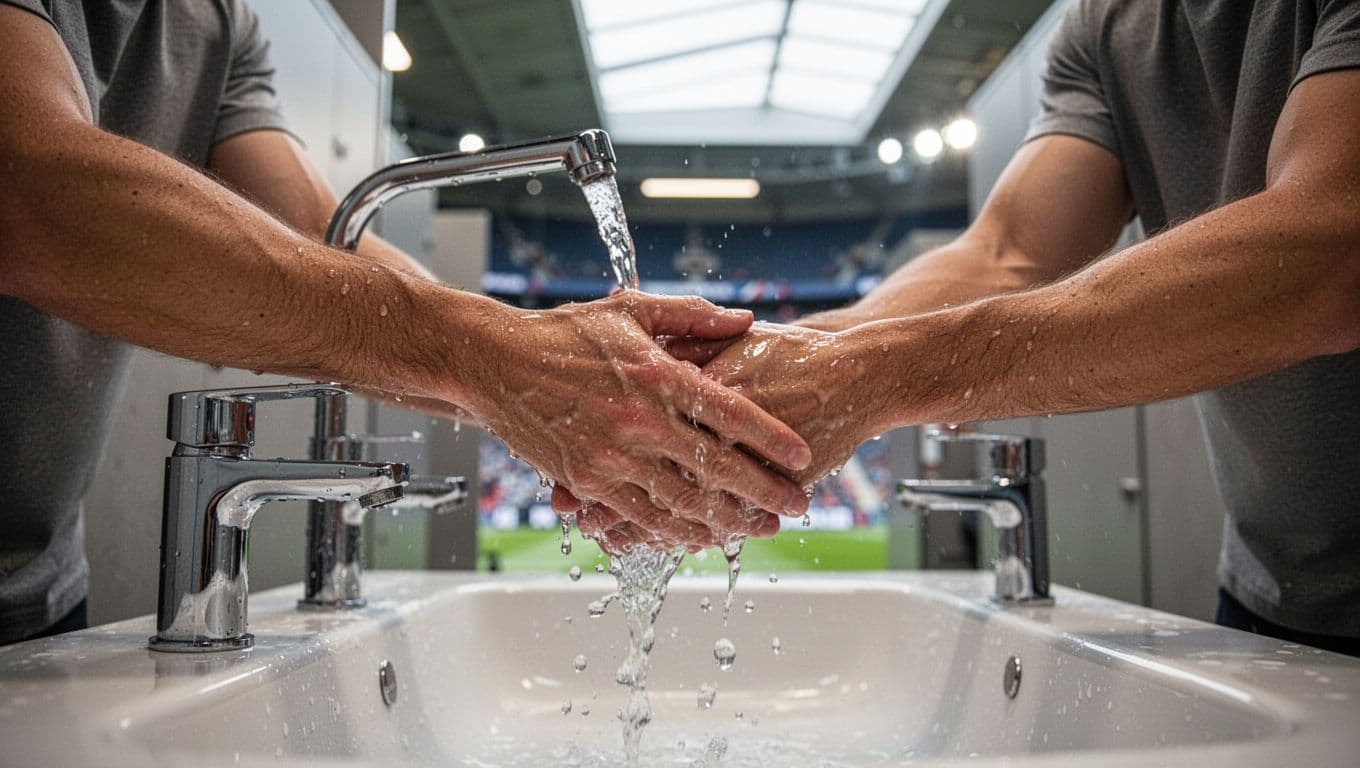 Clean water flows from a chrome faucet over hands lathered with soap inside a brightly lit public stadium restroom. The focus remains sharp on the skin texture and splashing water droplets.