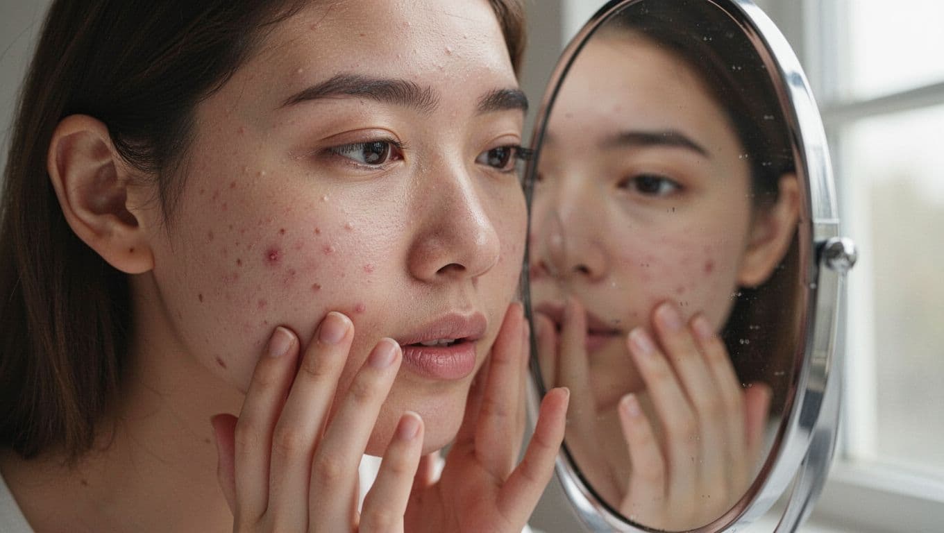 A close-up view captures a young woman examining her face in a mirror. The soft lighting highlights authentic skin details, including visible pores and a small red blemish on her cheek.