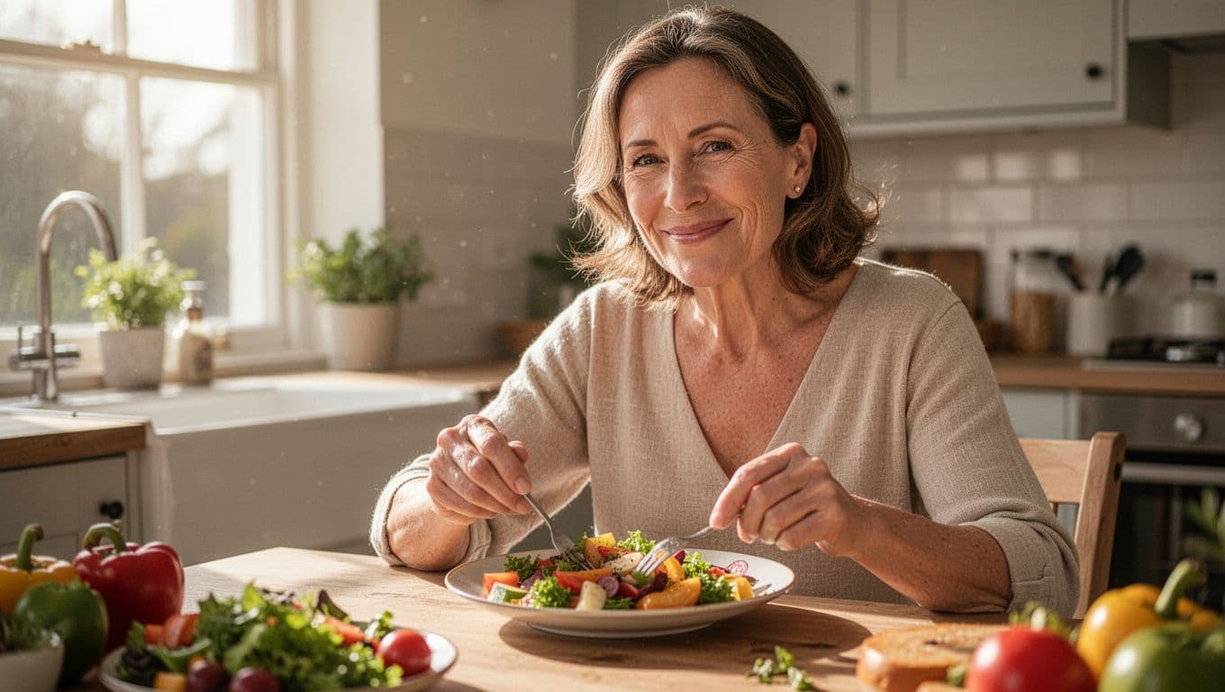 A woman in her forties smiles while eating a nutritious lunch at a bright wooden table. Sunlight streams through the kitchen window, highlighting fresh ingredients and her relaxed, comfortable posture.