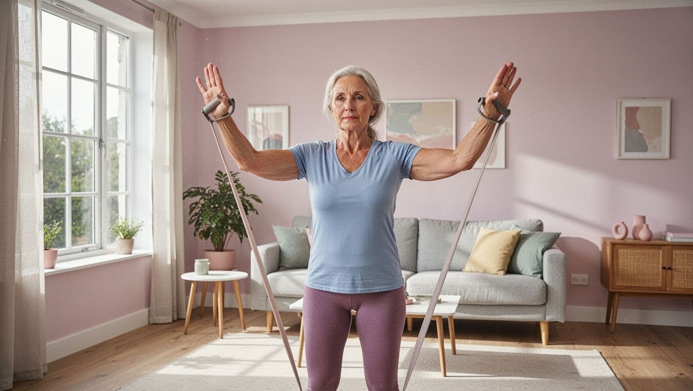 A woman in her forties performs strength training moves using blue resistance bands in a sunlit living room. She wears activewear, showing a focused expression while standing near modern home furniture.