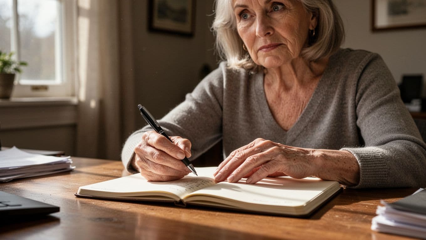 A woman in her sixties holds a pen above an open notebook with a pensive, confused expression. The softly lit home office setting emphasizes her focused yet visibly struggling mental state.